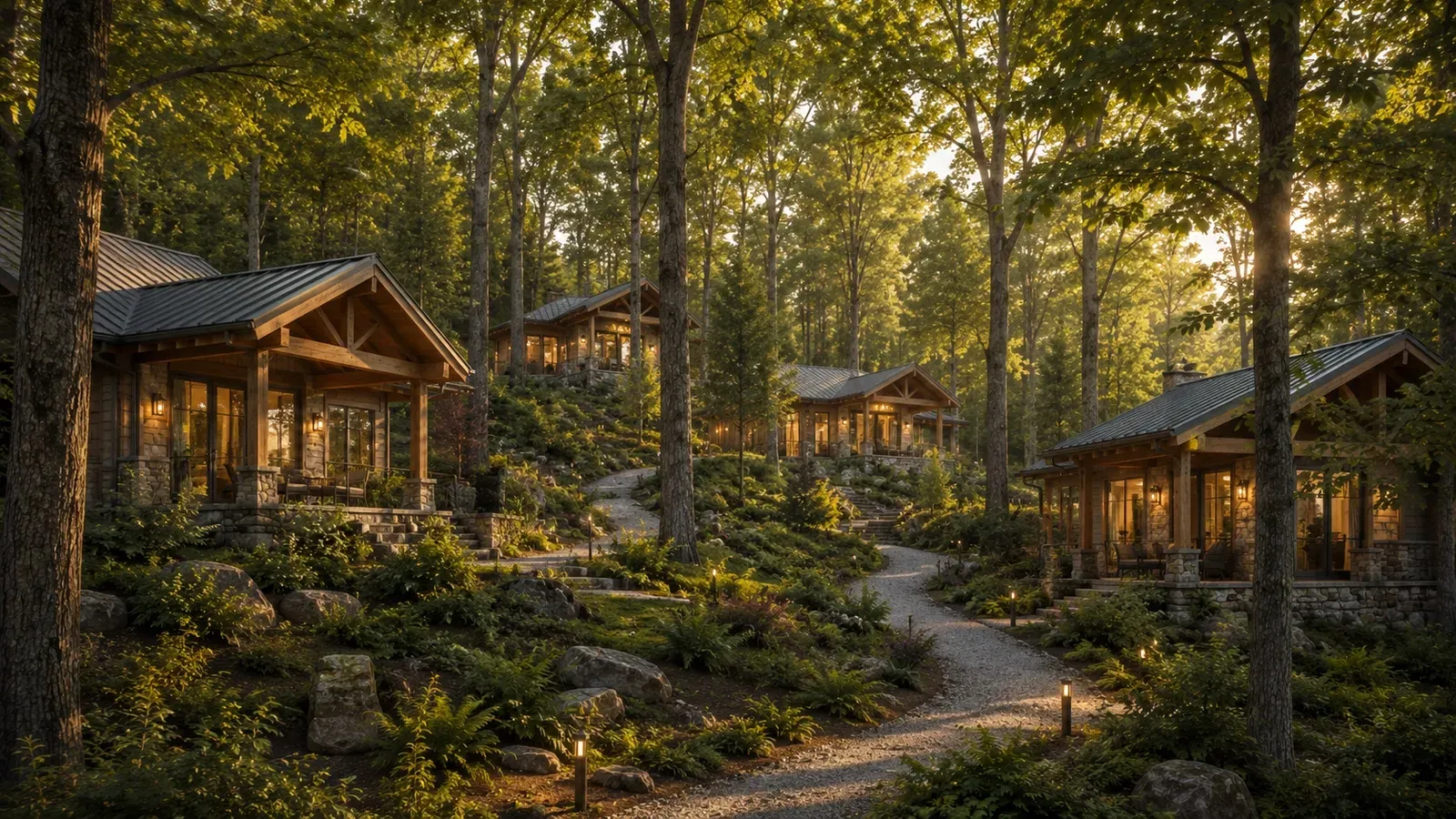 Conceptual cluster of planned cabins nestled among Tennessee hardwoods