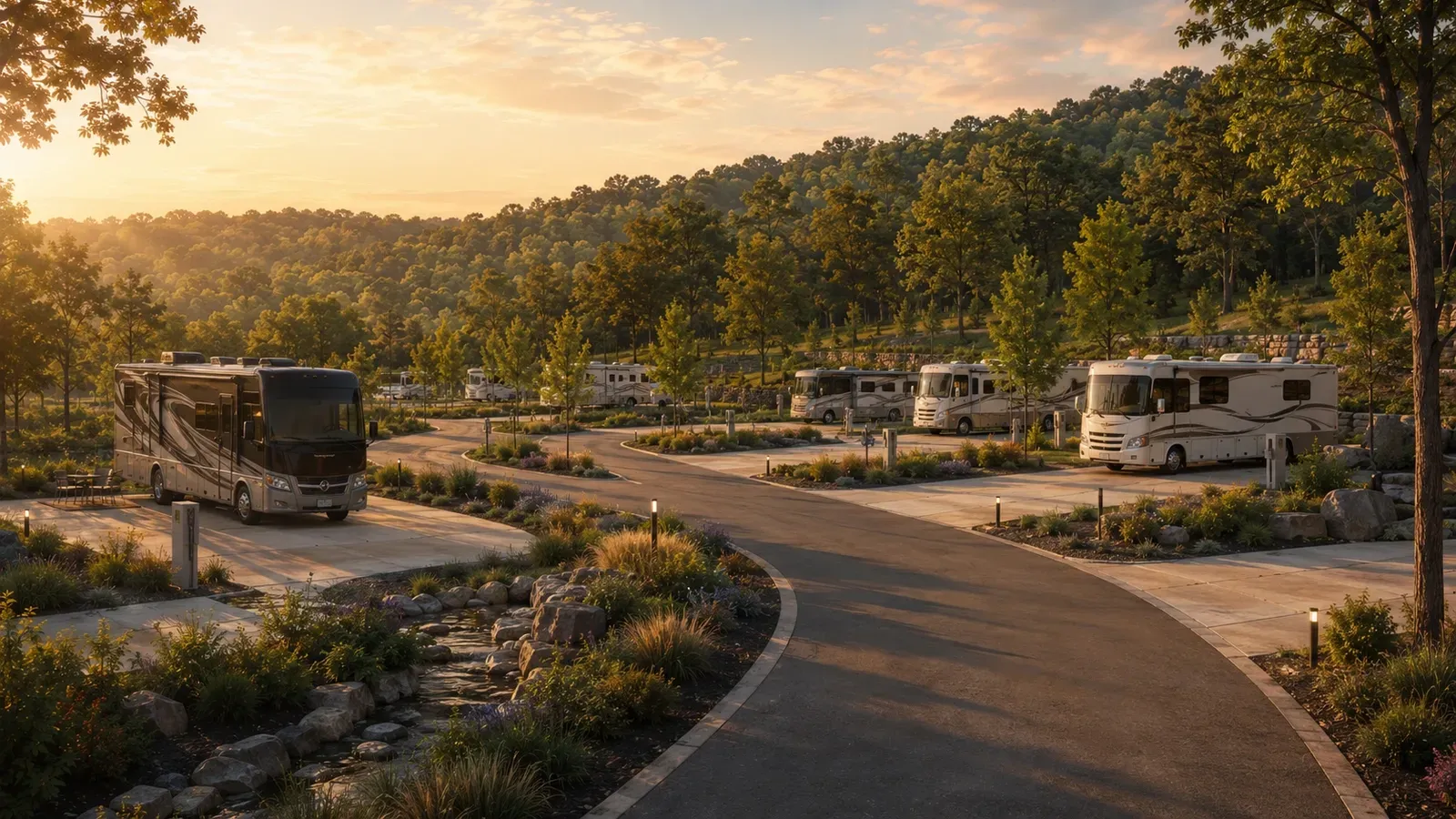 Conceptual view of a planned RV site loop with level pads and mature landscaping