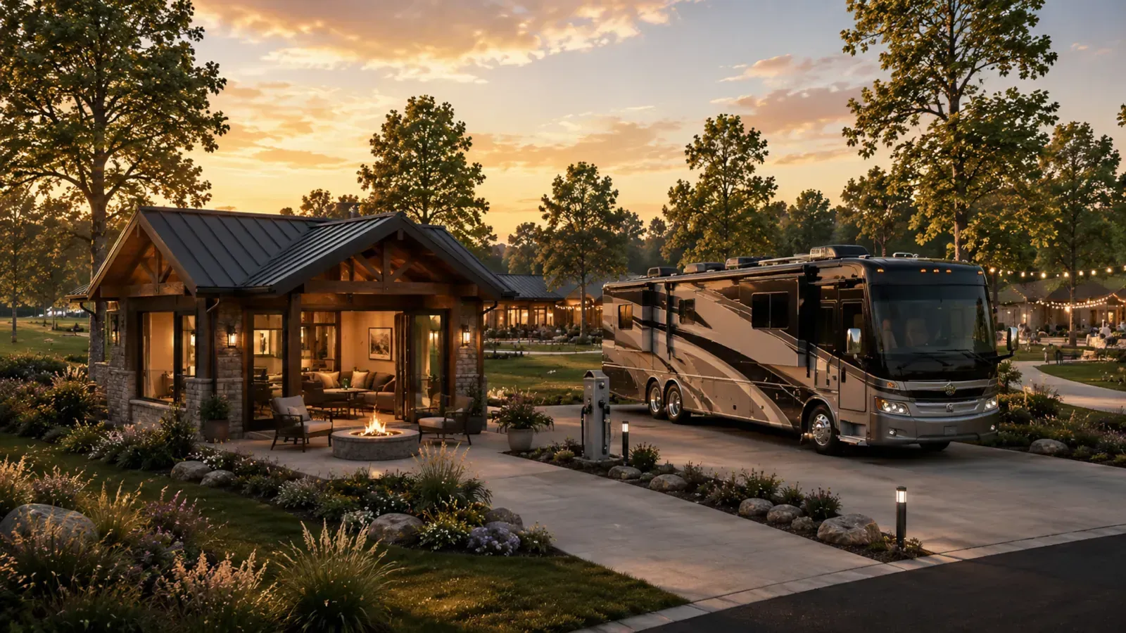 Conceptual Commons Edge RV site with a Studio Lounge coach house beside the gathering commons