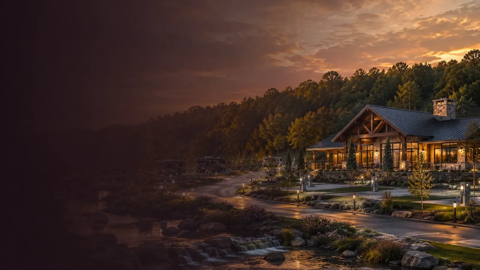 Conceptual wide view of 6 Springs RV Resort taking shape in the Tennessee hills at golden hour