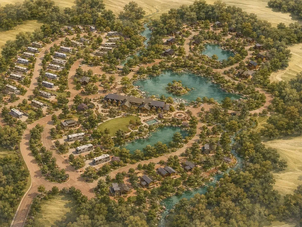 Illustrative site plan showing planned RV zones, cabin areas, and amenity locations