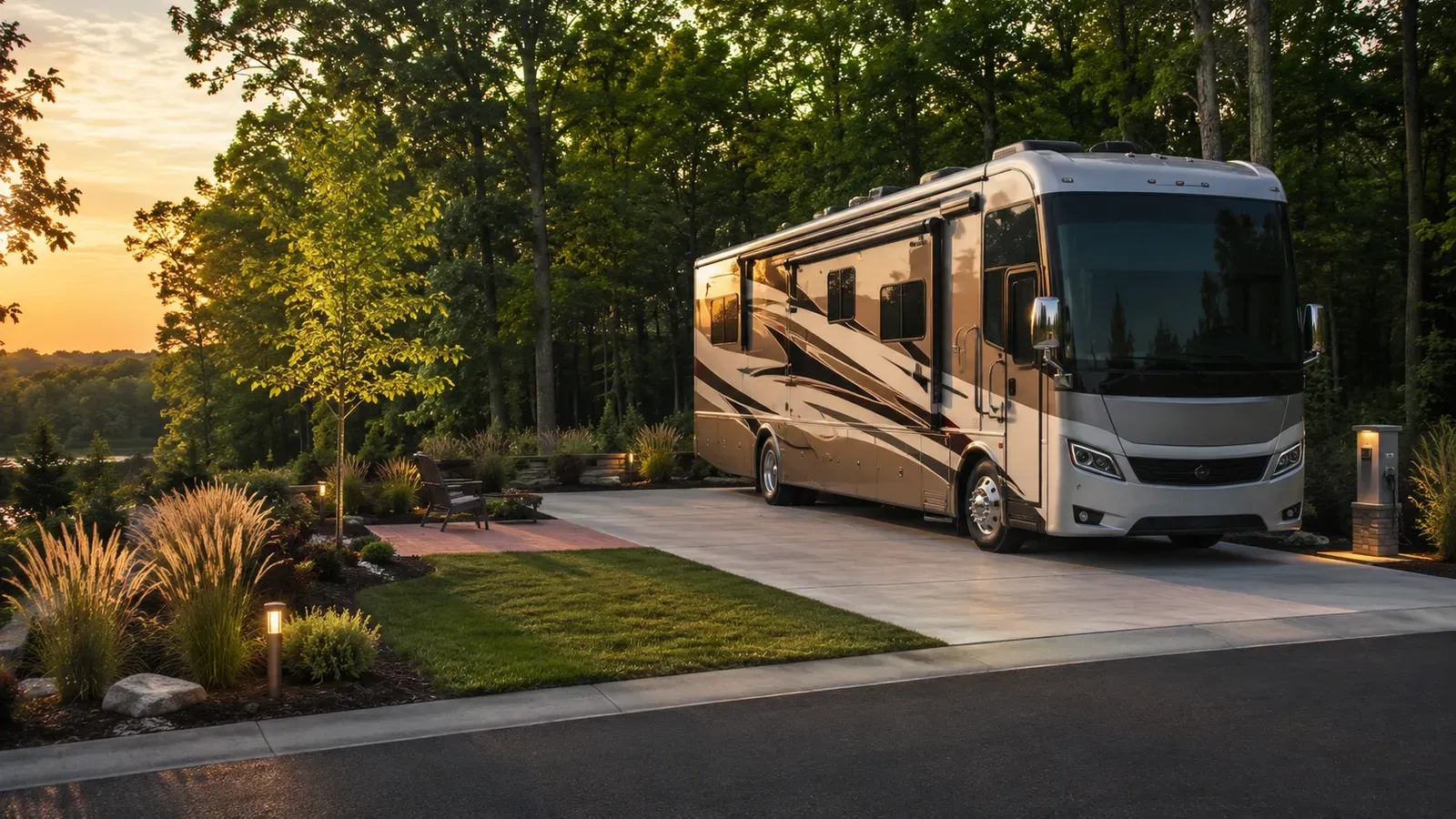 Conceptual full-hookup RV site with a pull-through pad and a landscaped buffer
