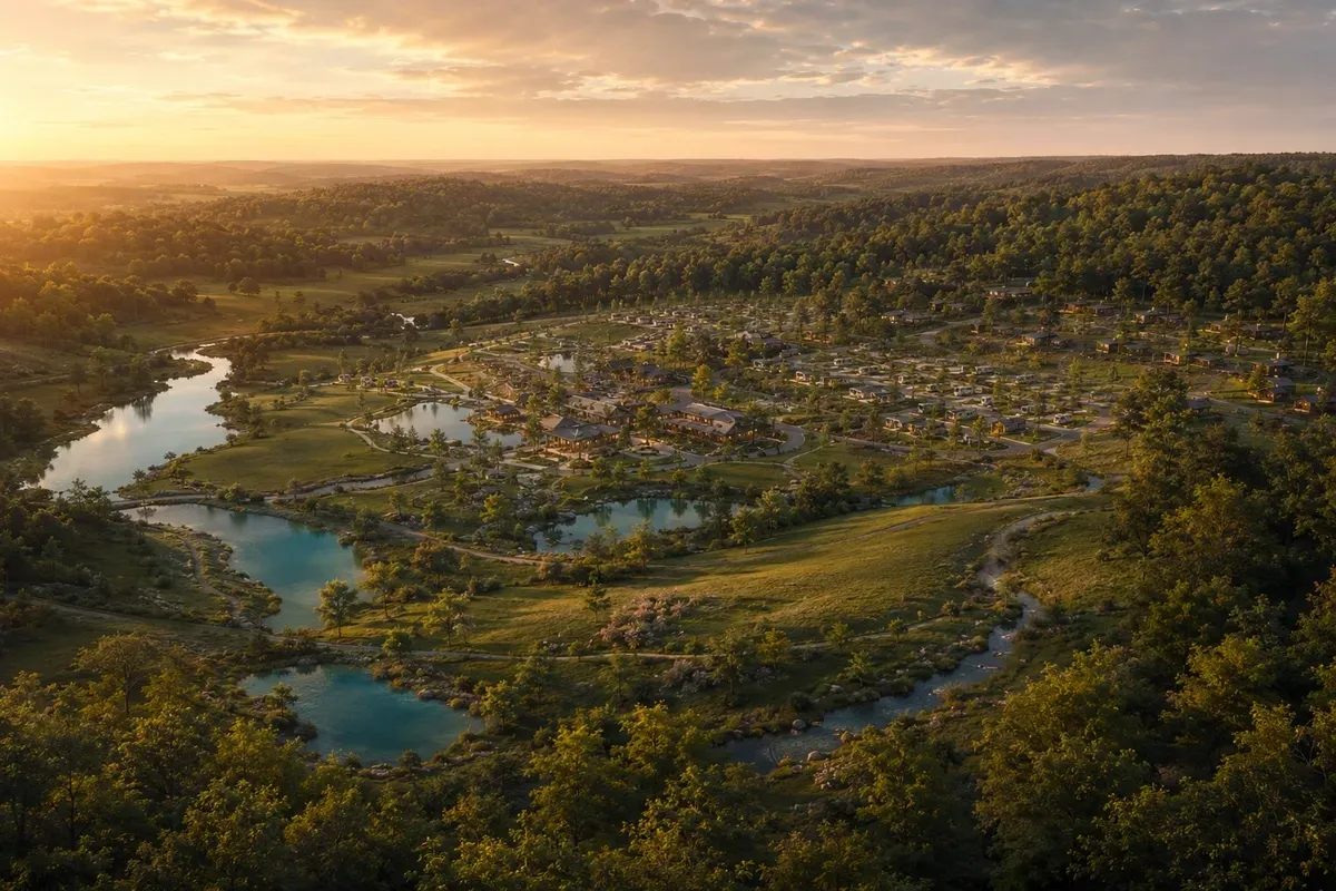 Conceptual master view of the planned resort grounds and spring-fed landscape