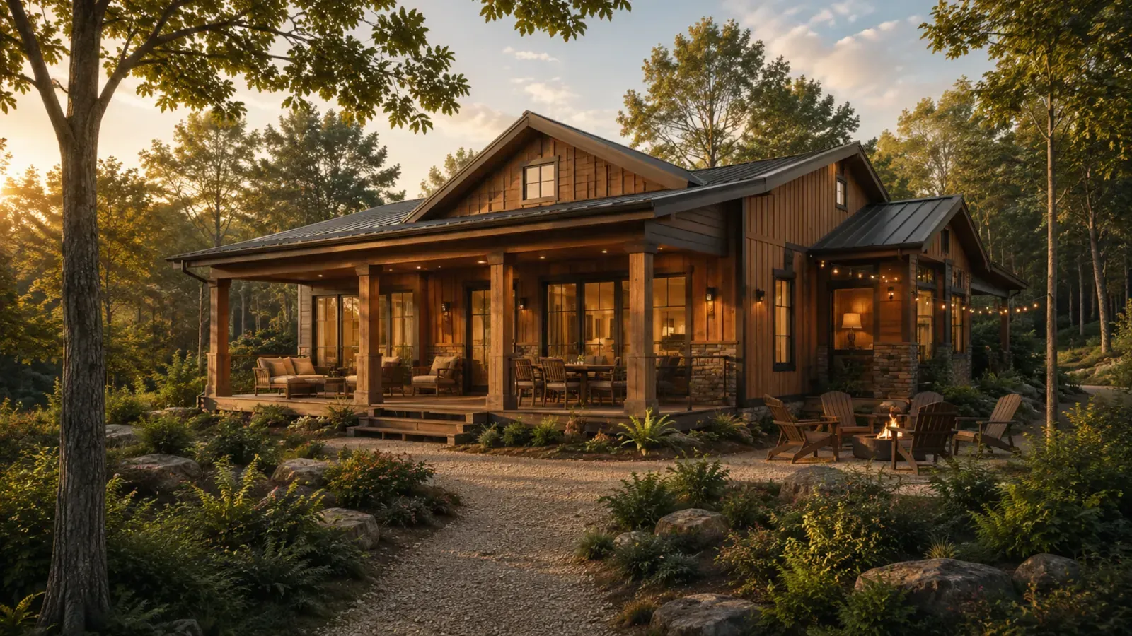 Conceptual Cedar Family Cabin with a deep covered porch and woodland gathering area