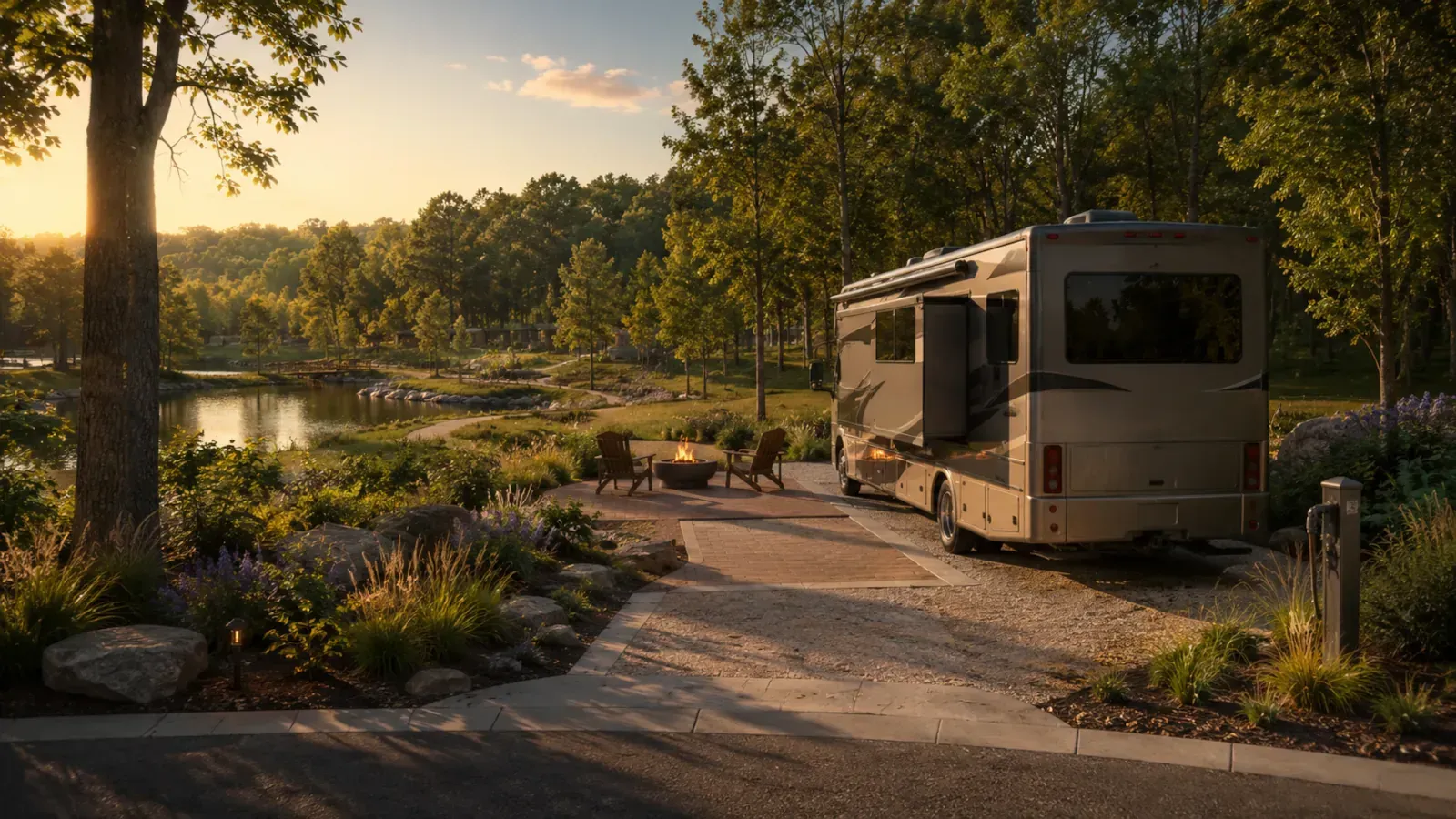 Conceptual Springside Back-In RV site near planned spring-fed water and a walking trail