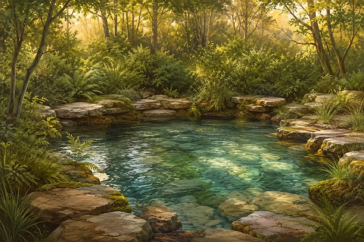 Illustrative view of the natural springs and woodland the resort is built around