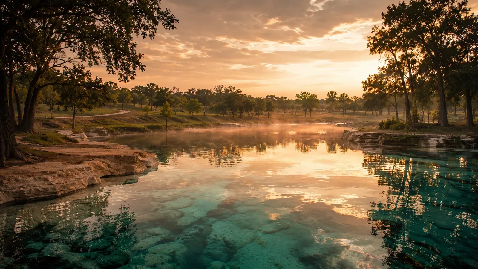 Illustrative calm springs and evening light across the planned resort grounds