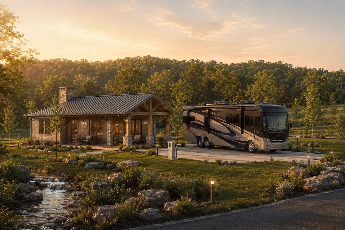 Conceptual view of a coach house and its paired RV site sharing one landscaped setting
