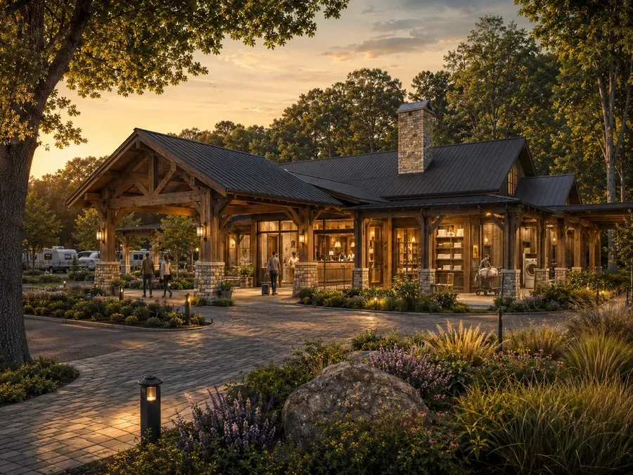 Conceptual resort welcome center and guest-services building