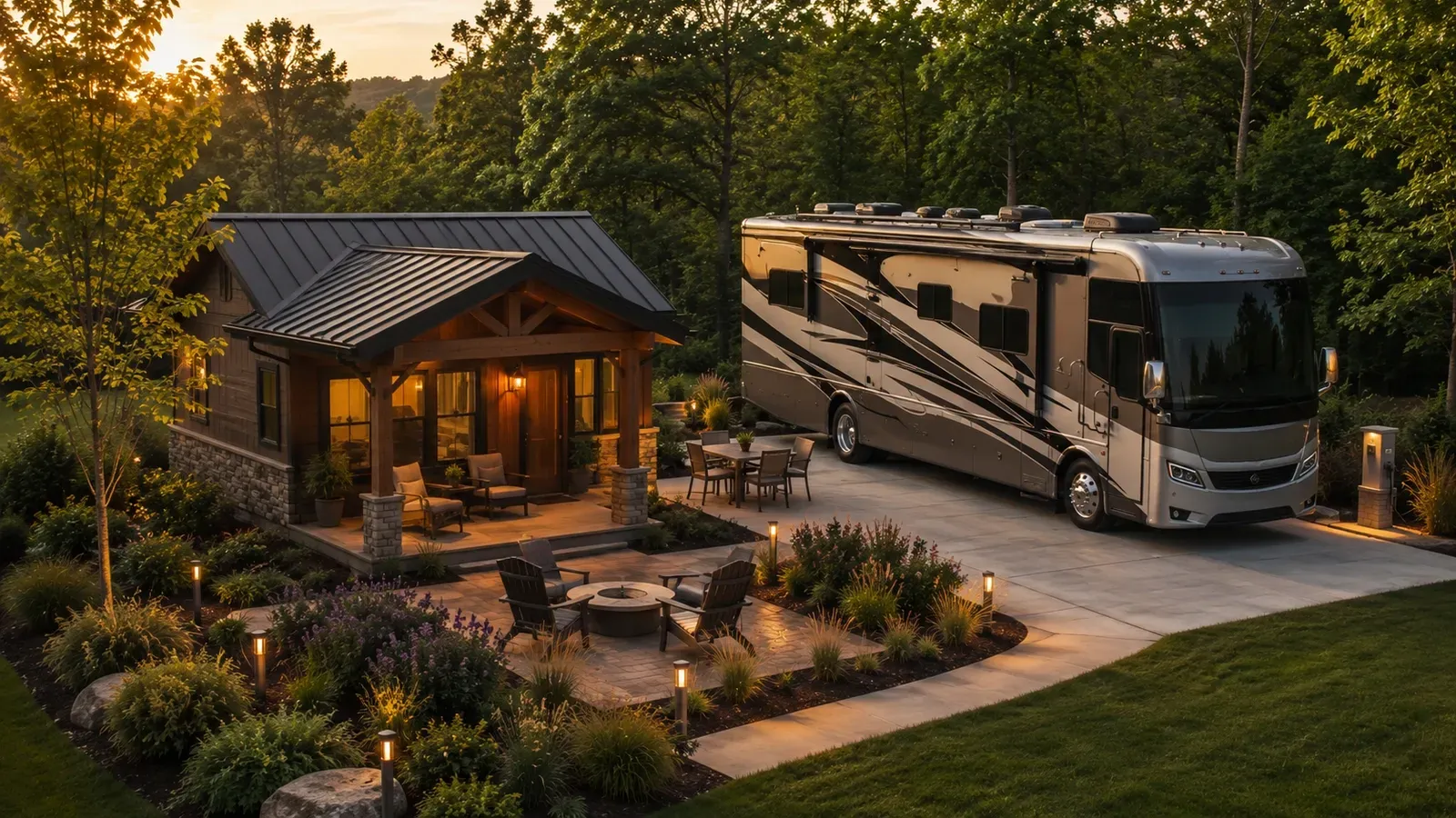 Conceptual coach house interior-and-exterior pairing beside its RV site