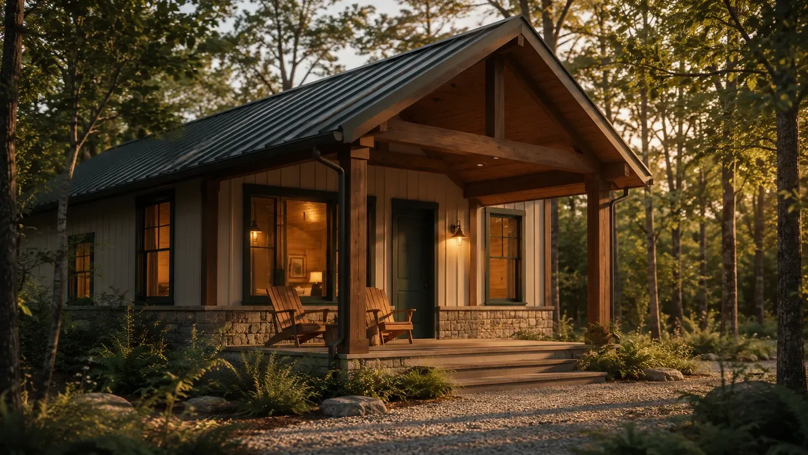 Conceptual cabin exterior with a covered porch and woodland outlook