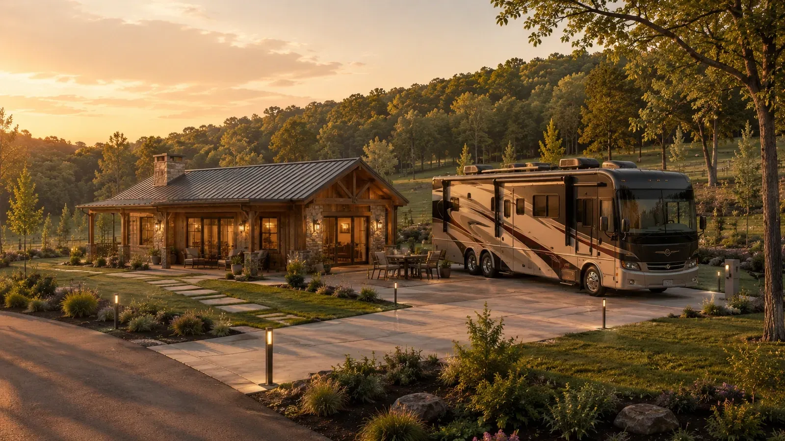 Conceptual coach house beside a premium RV site, sharing one landscaped setting