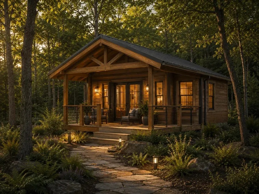 Conceptual cabin exterior with a covered porch set among trees